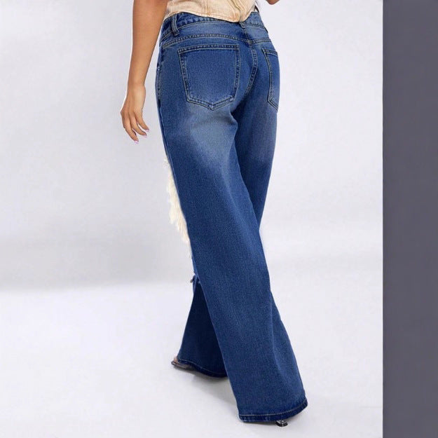 Women's extra-wide destroyed denim jeans with large knee cutouts and high waist Mune Fashion
