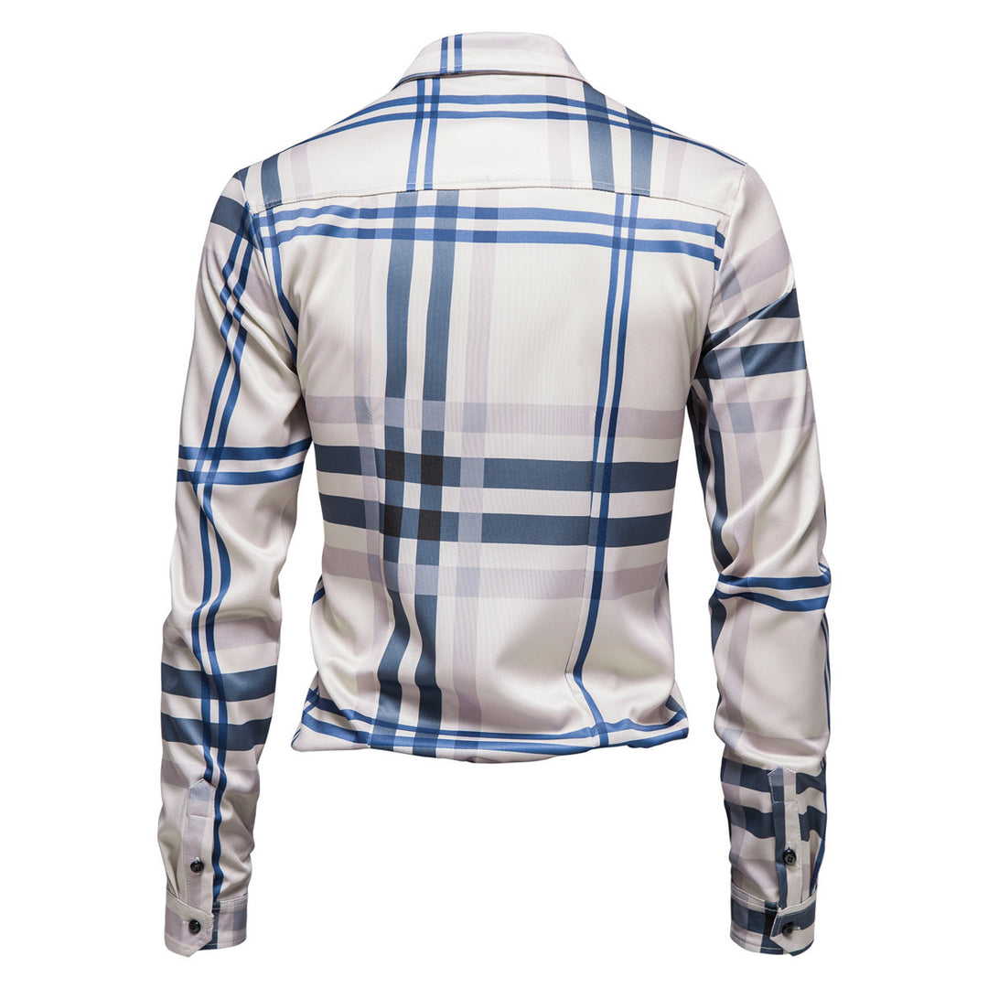Men's Checkered Slim-Fit Business Shirt with Shark Collar and Fine Shine Mune Fashion