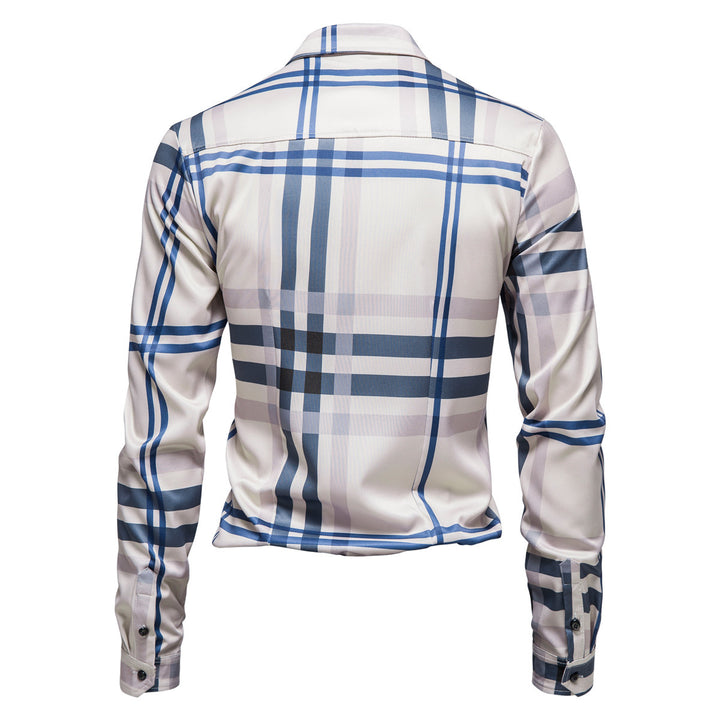 Men's Checkered Slim-Fit Business Shirt with Shark Collar and Fine Shine Mune Fashion