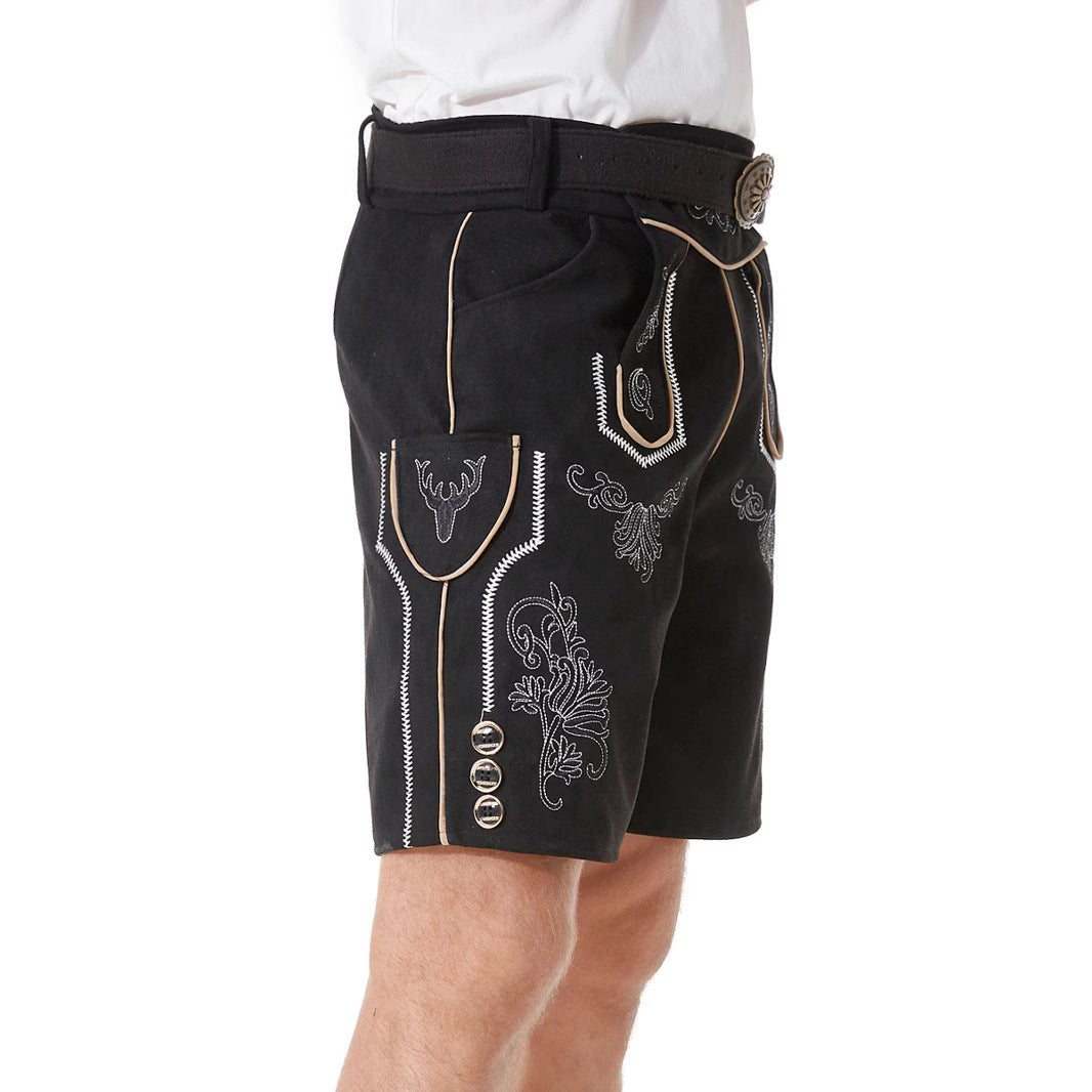 Men's short traditional leather trousers with intricate embroidery and decorative buckle Mune Fashion