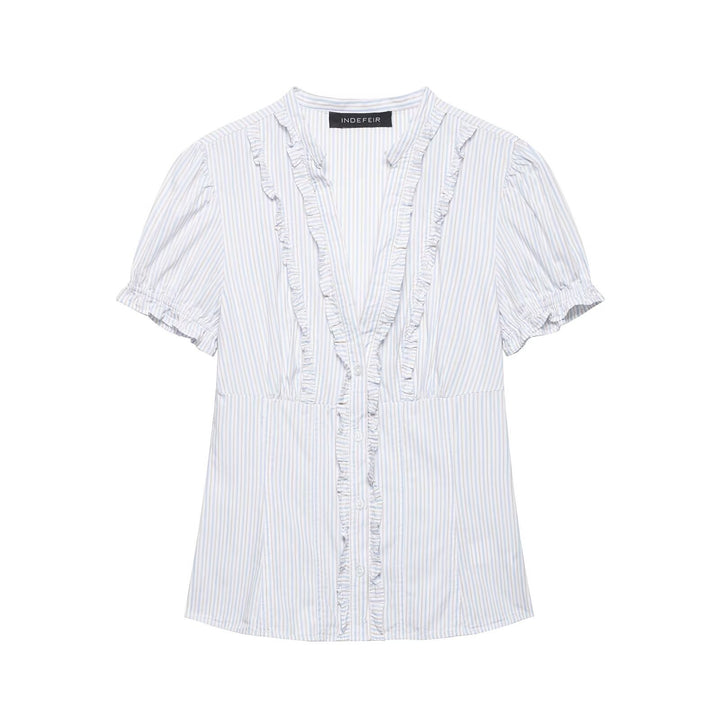 Women's ruffled blouse with V-neck, puff sleeves, and fitted cut Mune Fashion