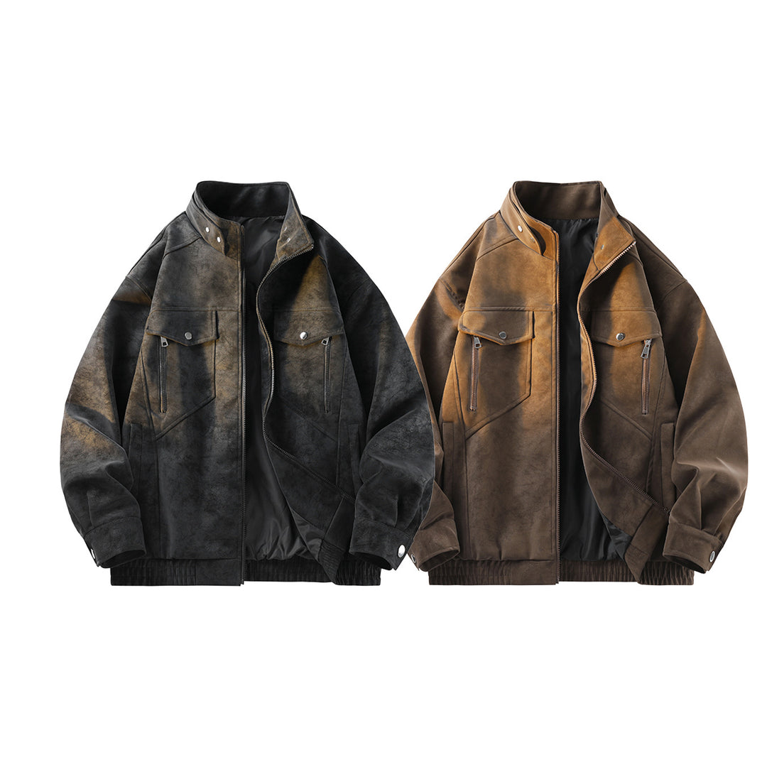 Men's Vintage Look Suede Jacket with Stand-Up Collar, Utility Pockets and Zipper Drune