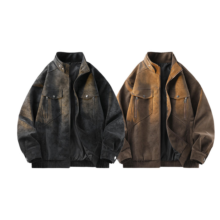 Men's Vintage Look Suede Jacket with Stand-Up Collar, Utility Pockets and Zipper Drune