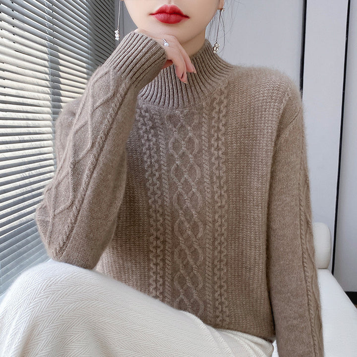Women's Soft Cable Knit Mock Neck Sweater with Light Mohair Effect Mune Fashion
