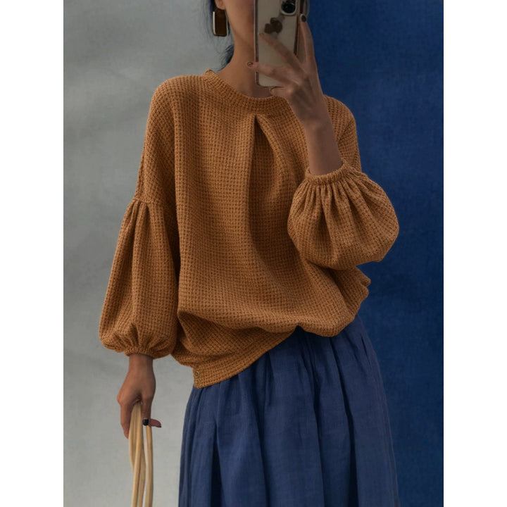 Women Oversize Waffle Knit Sweater with Balloon Sleeves and Pleat Mune Fashion