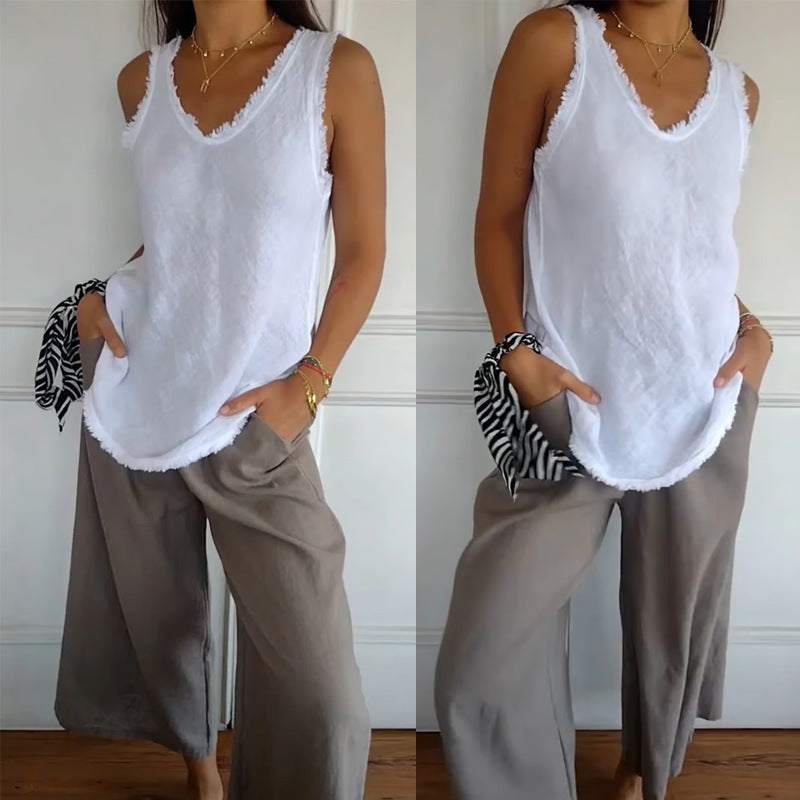 Women's casual linen look tank top with frayed hem U-neck and loose hip length Mune Fashion