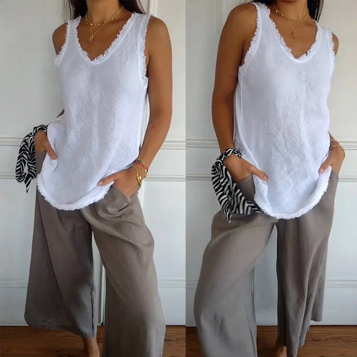 Women's casual linen look tank top with frayed hem U-neck and loose hip length Mune Fashion