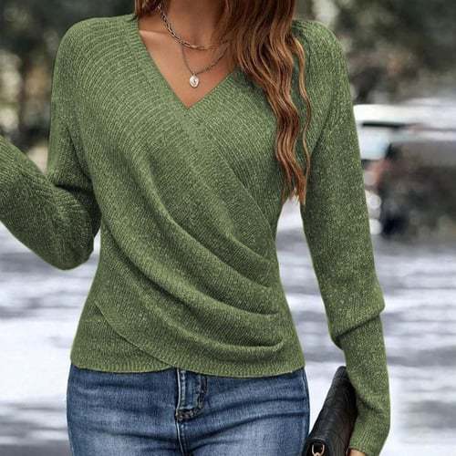 Women's figure-hugging wrap knitted pullover with V-neck and fine ribbed texture Mune Fashion