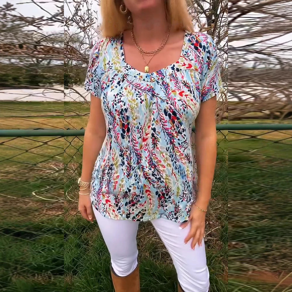 Women's lightweight floral round neck printed shirt with bust pleats and casual hip length Mune Fashion