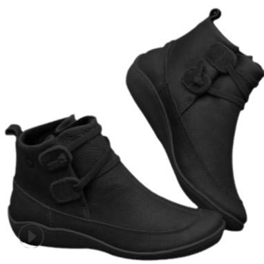 Women Ankle-Height Comfort Boots in Leather Look with Velcro Straps and Elastic Lacing Mune Fashion