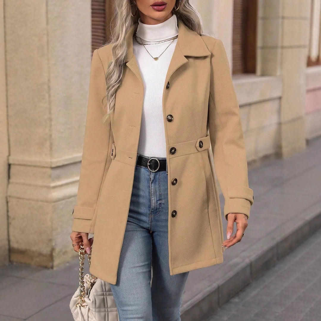 Women's Tailored Short Coat with Button Placket and Decorative Belt Drune