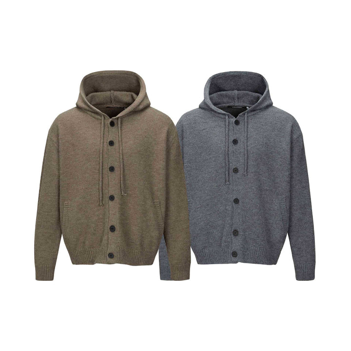 Unisex hooded cardigan with button placket, brushed knit texture and ribbed cuffs Mune Fashion