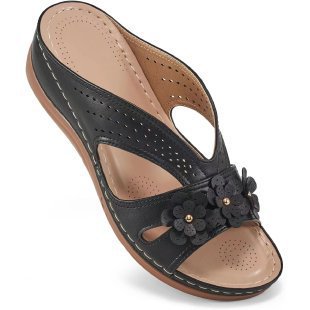 Women's comfortable wedge sandals with floral decorative trim and cushioned footbed Mune Fashion