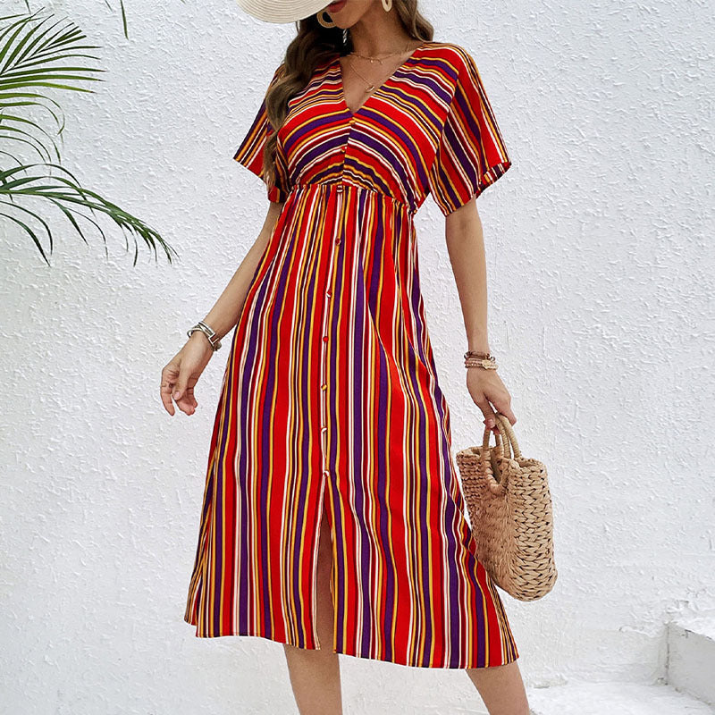 Women's Striped Midi Dress with V-Neck, Button Placket and Waist Gathered Mune Fashion
