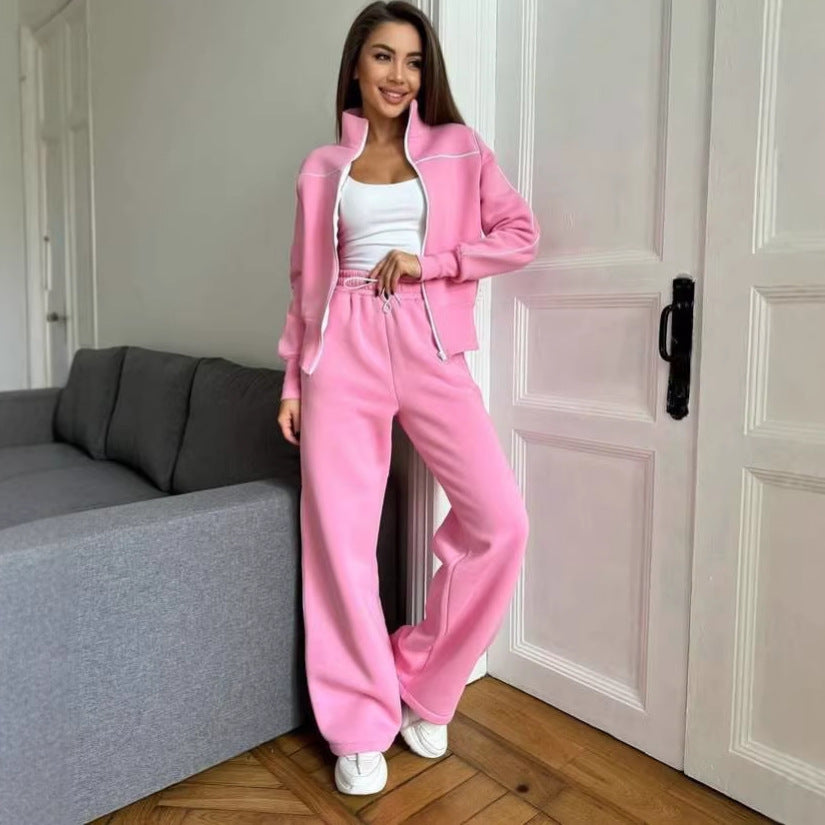 Women's Two-Piece Tracksuit Set with Stand-Up Collar, Contrast Piping and Wide Leg Mune Fashion