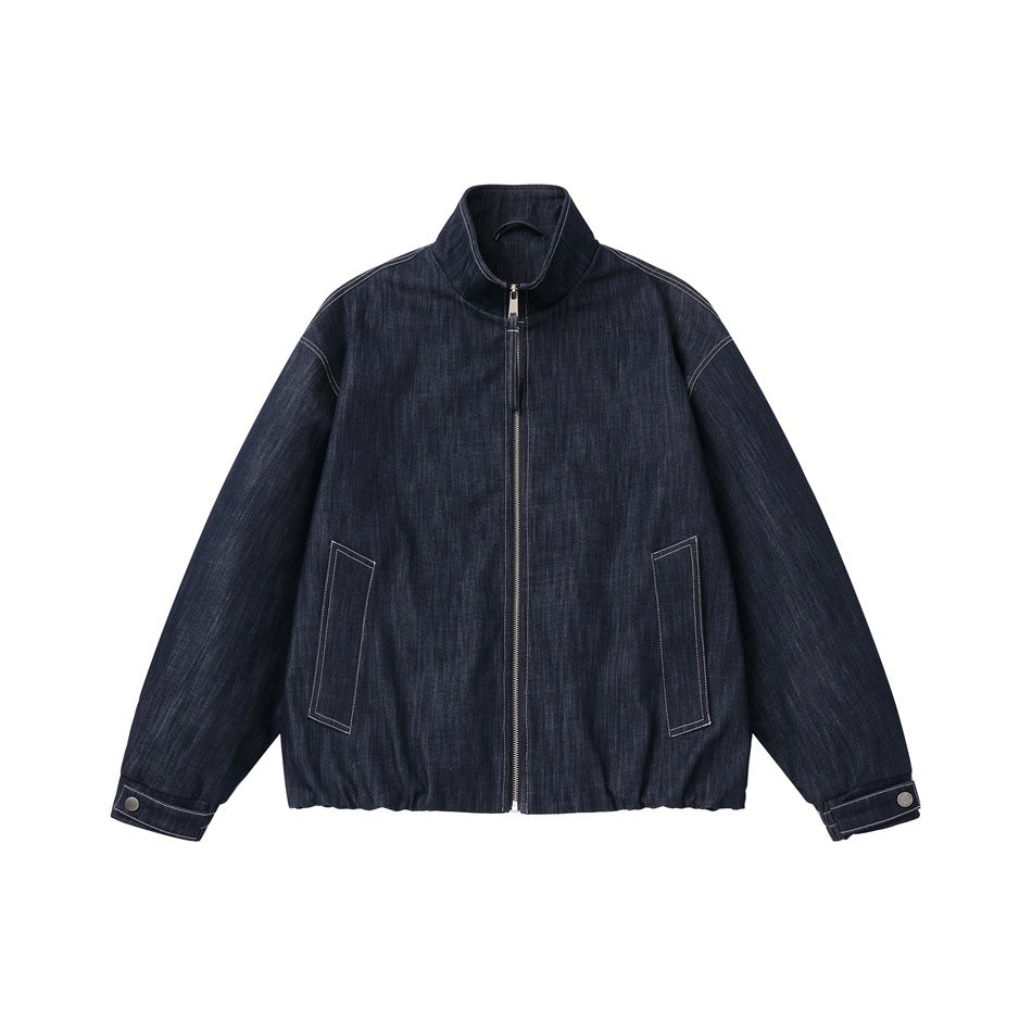 Men's Boxy Denim Blouson with high stand-up collar, visible contrast stitching and elastic hem.