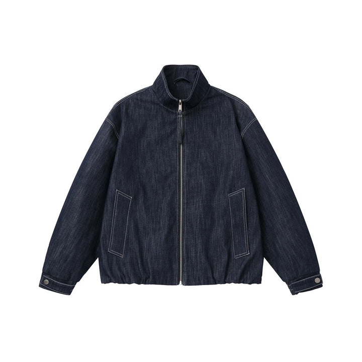 Men's Boxy Denim Blouson with high stand-up collar, visible contrast stitching and elastic hem.
