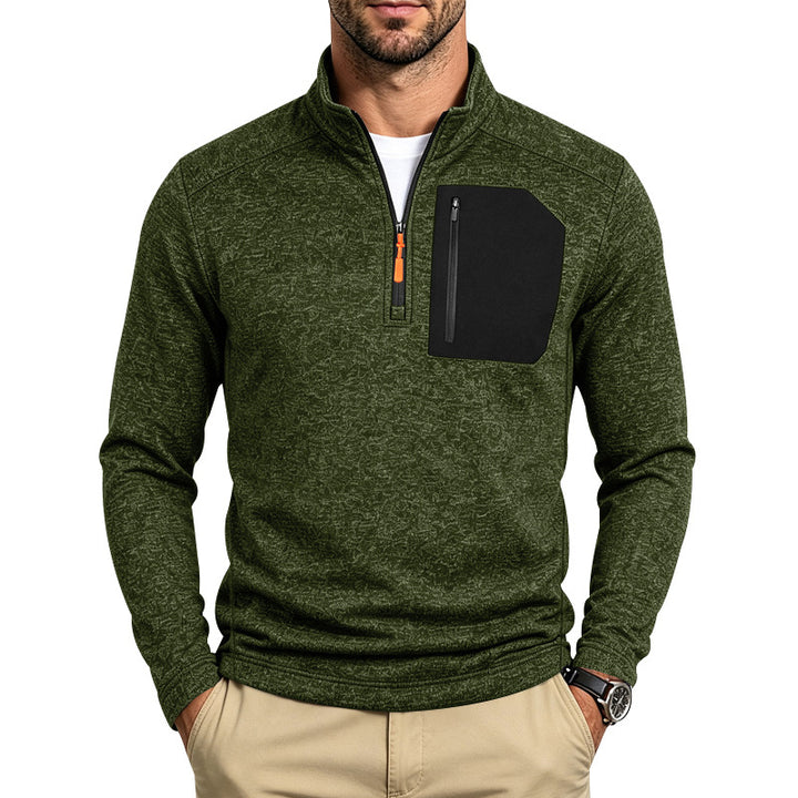 Men's Thermal Half-Zip Pullover with Chest Zip Pocket and Stand-Up Collar Mune Fashion