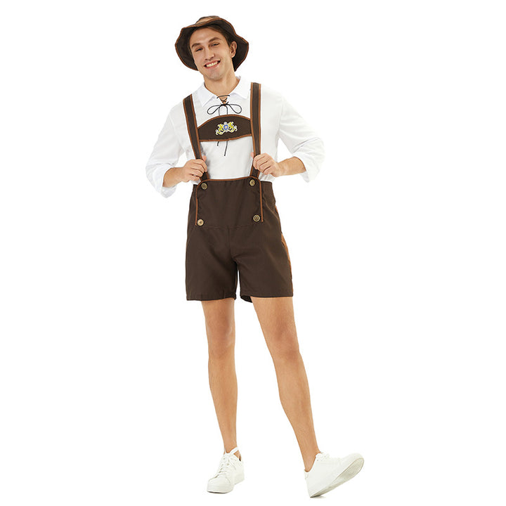 Men's short traditional leather shorts with adjustable straps and embroidered bib Mune Fashion