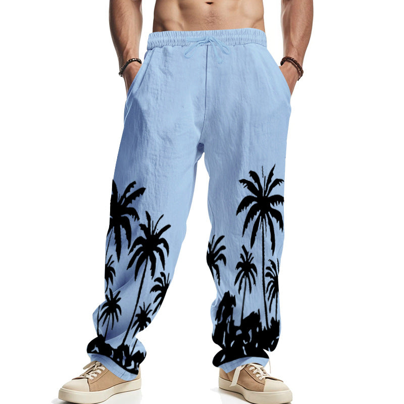 Men's wide leisure pants made of cotton-linen blend with palm print, elastic waistband and drawstring Mune Fashion