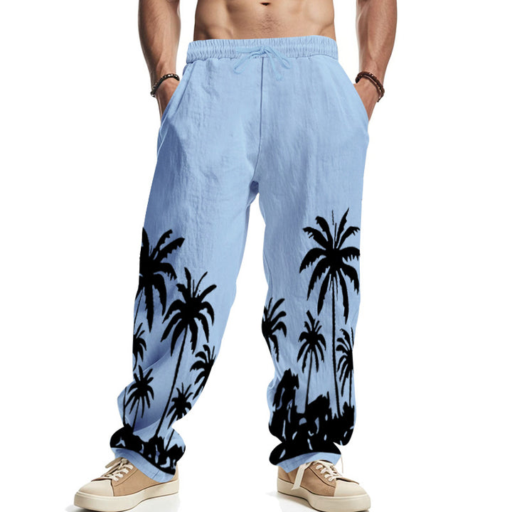 Men's wide leisure pants made of cotton-linen blend with palm print, elastic waistband and drawstring Mune Fashion