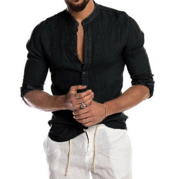 Men's linen shirt with stand-up collar, continuous button placket, and casual slim-fit cut Mune Fashion