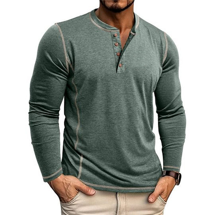 Men's Elastic Long Sleeve Henley Shirt with Contrast Stitching and Button Placket EB