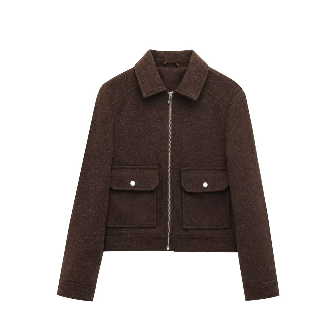 Ladies Short Wool Faux Field Jacket with Full Zipper and Four Flap Pockets Mune Fashion
