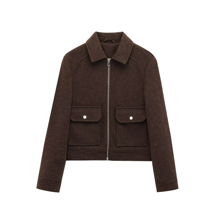 Ladies Short Wool Faux Field Jacket with Full Zipper and Four Flap Pockets Mune Fashion