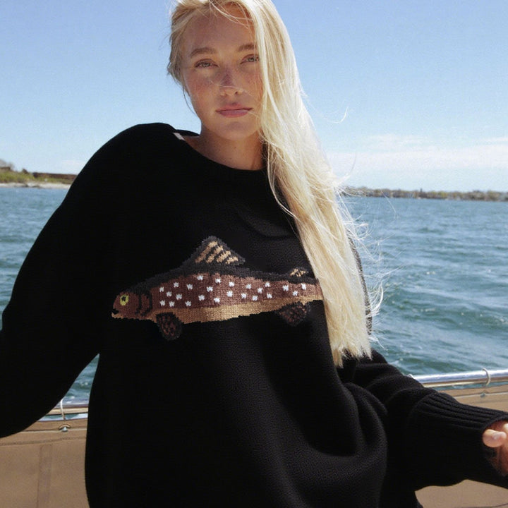 Women Oversize Knit Sweater with Fish Jacquard, Half Collar and Ribbed Cuffs Mune Fashion