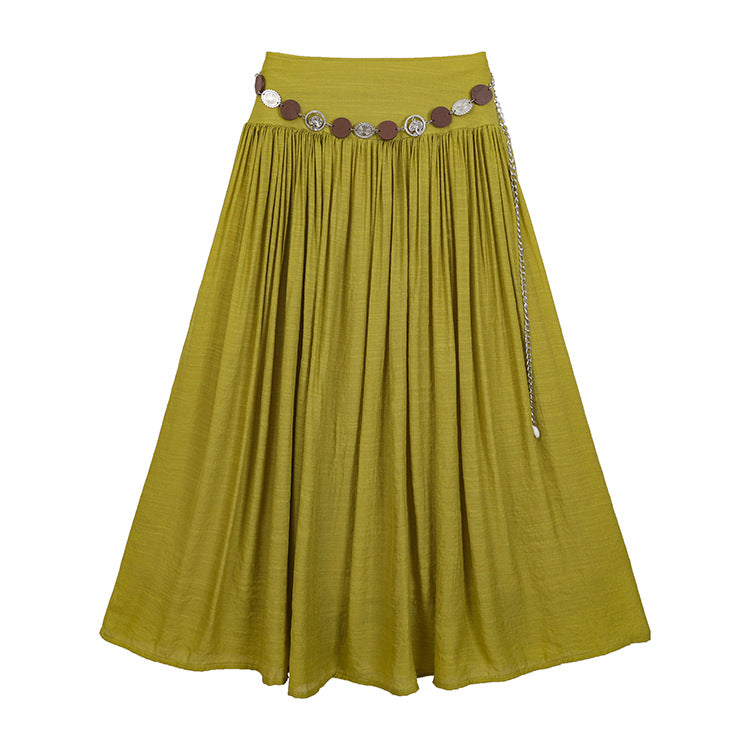 Women's maxi skirt with gathered waist, flowing flared shape and decorative coin belt Mune Fashion