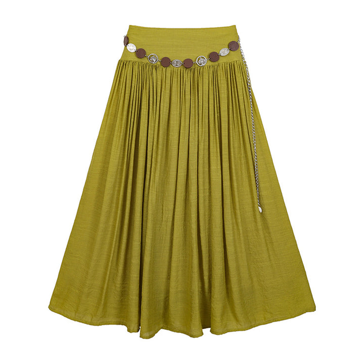 Women's maxi skirt with gathered waist, flowing flared shape and decorative coin belt Mune Fashion