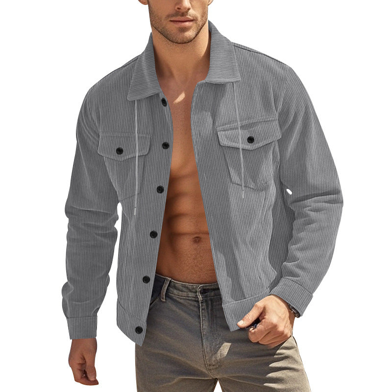 Men's casual fine ribbed cord jacket with stand-up collar, chest pockets and elastic hem Mune Fashion