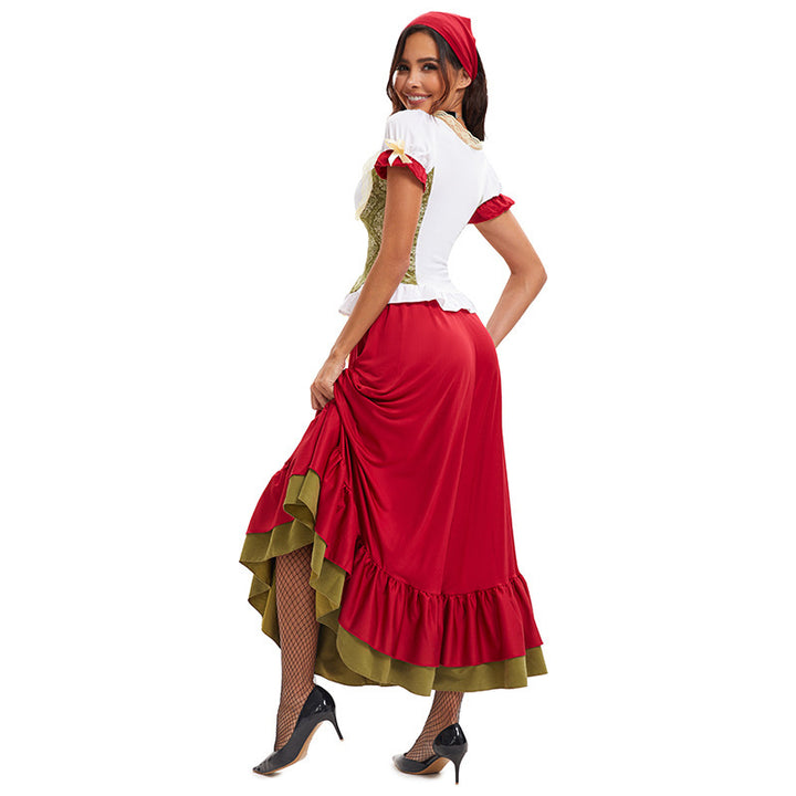 Ladies Bavarian Oktoberfest Beer Girl Costume with lace-up bodice puff sleeves and layered skirt Mune Fashion