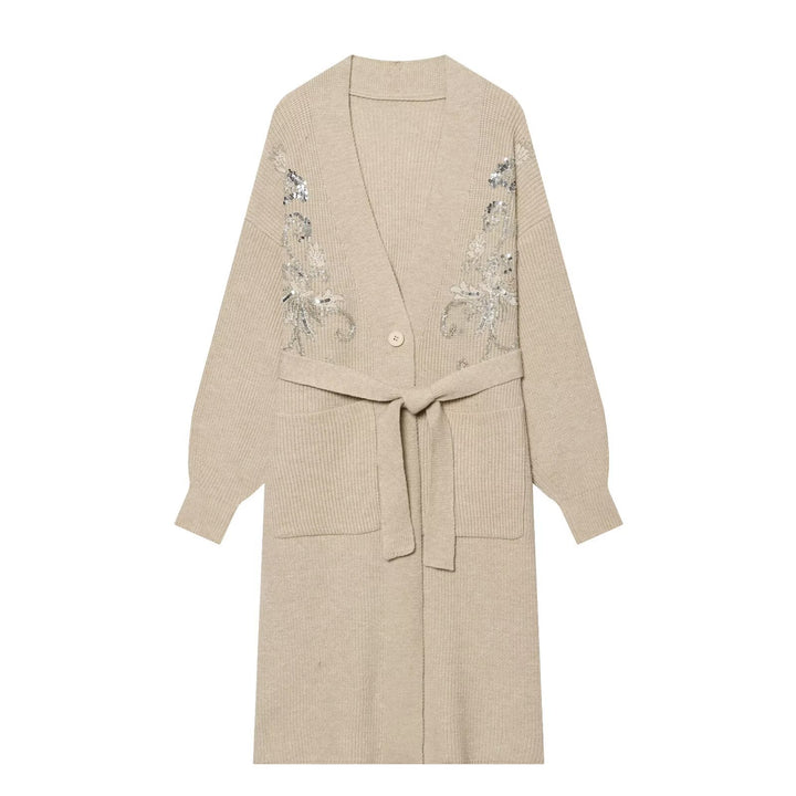 Women’s Long Knitted Cardigan with Waist Belt and Sequin Embroidery Mune Fashion