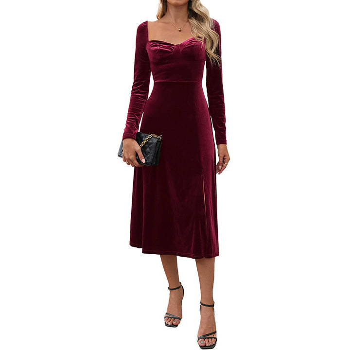 Ladies Elegant Velvet Midi Dress with Shoulder Pads and Slit Mune Fashion