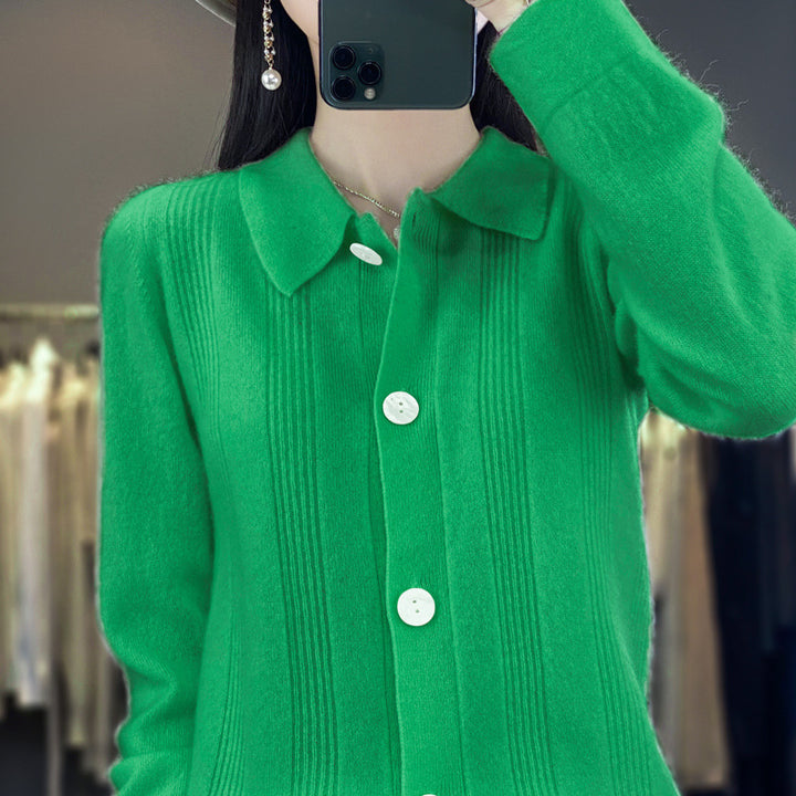 Women's button cardigan with shirt collar and fine vertical ribbed texture Mune Fashion