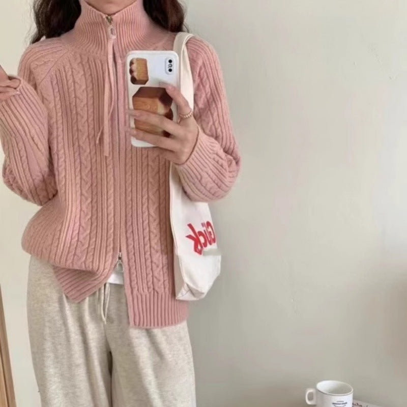 Women's Kastiger Cable Knit Cardigan with Two-Way Zipper, Stand Collar and Wide Ribbed Hem Mune Fashion