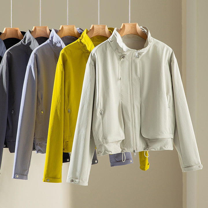 Women's Lightweight Short Jacket with High Collar, Drawstring and Patch Pockets Mune Fashion