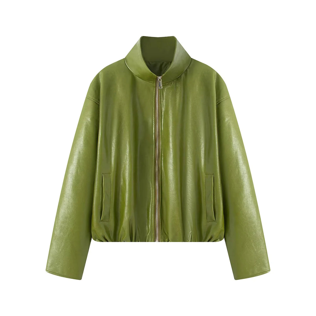 Women's tailored faux leather two-piece set jacket with high stand-up collar and pencil skirt Mune Fashion