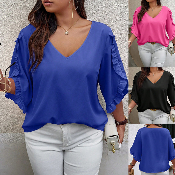 Women's V-neck blouse with ruffled sleeves and loose satin drape Mune Fashion