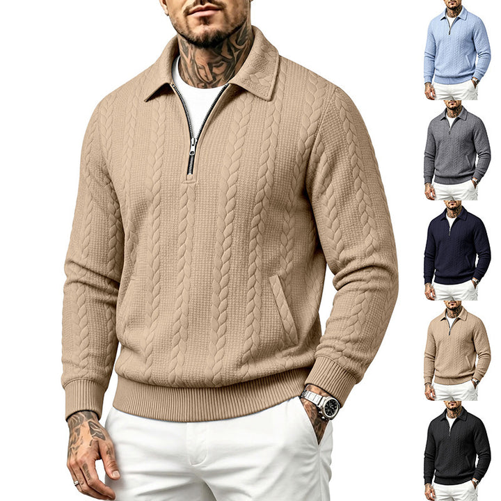 Men's polo collar knit sweater with cable structure and half zip Mune Fashion