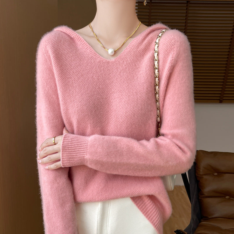 Women's Soft Mohair-Optic Hooded Sweater with V-Neck and Ribbed Hem