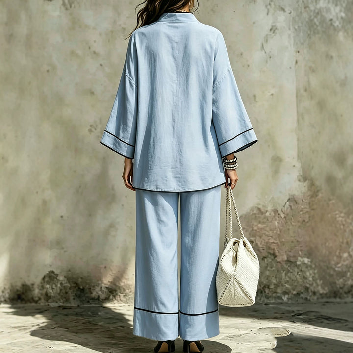 Women's Casual Two-Piece Linen Look Loungewear Set with Stand Collar, V-Neck and Wide Leg Cut Mune Fashion