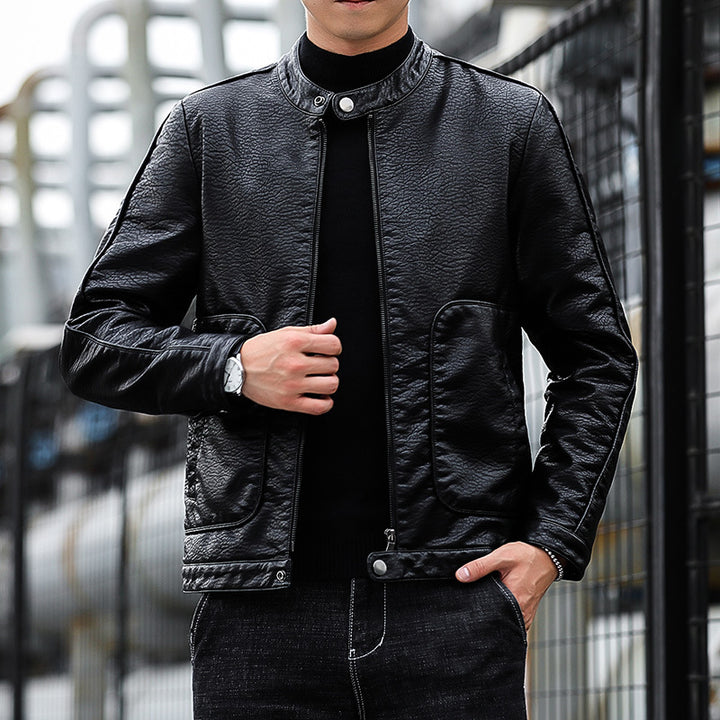 Men's Slim-Fit Faux Leather Jacket in Biker Blouson Style with Standing Collar and Patch Round Pockets Mune Fashion
