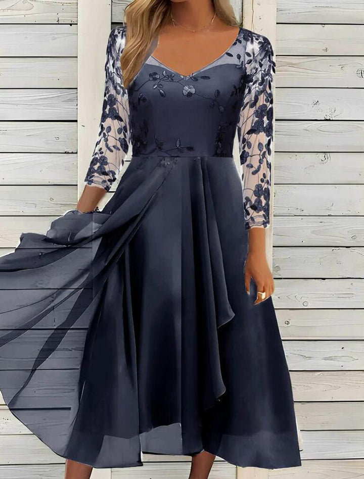 Women's V-neck chiffon midi dress with embroidered bodice, transparent three-quarter sleeves, and asymmetric layered skirt Mune Fashion
