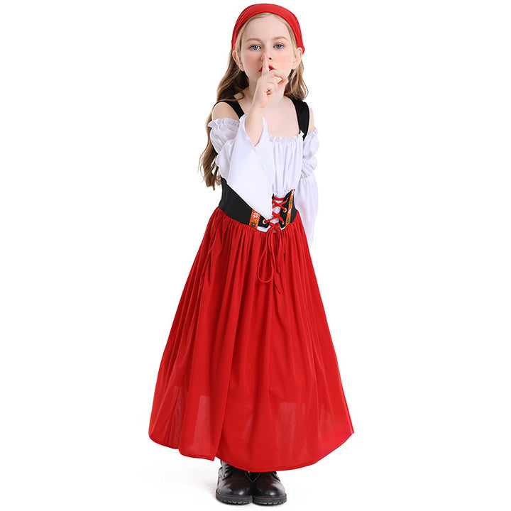 Ladies medieval girl costume with laced bodice and headscarf Mune Fashion