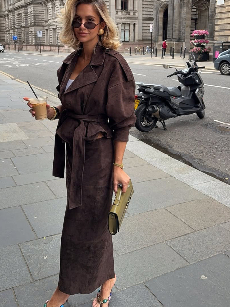 Women Velvet-Suede Trench Coat with Waist Belt and Peplum Silhouette Mune Fashion