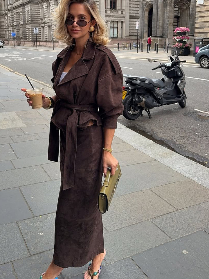 Women Velvet-Suede Trench Coat with Waist Belt and Peplum Silhouette Mune Fashion