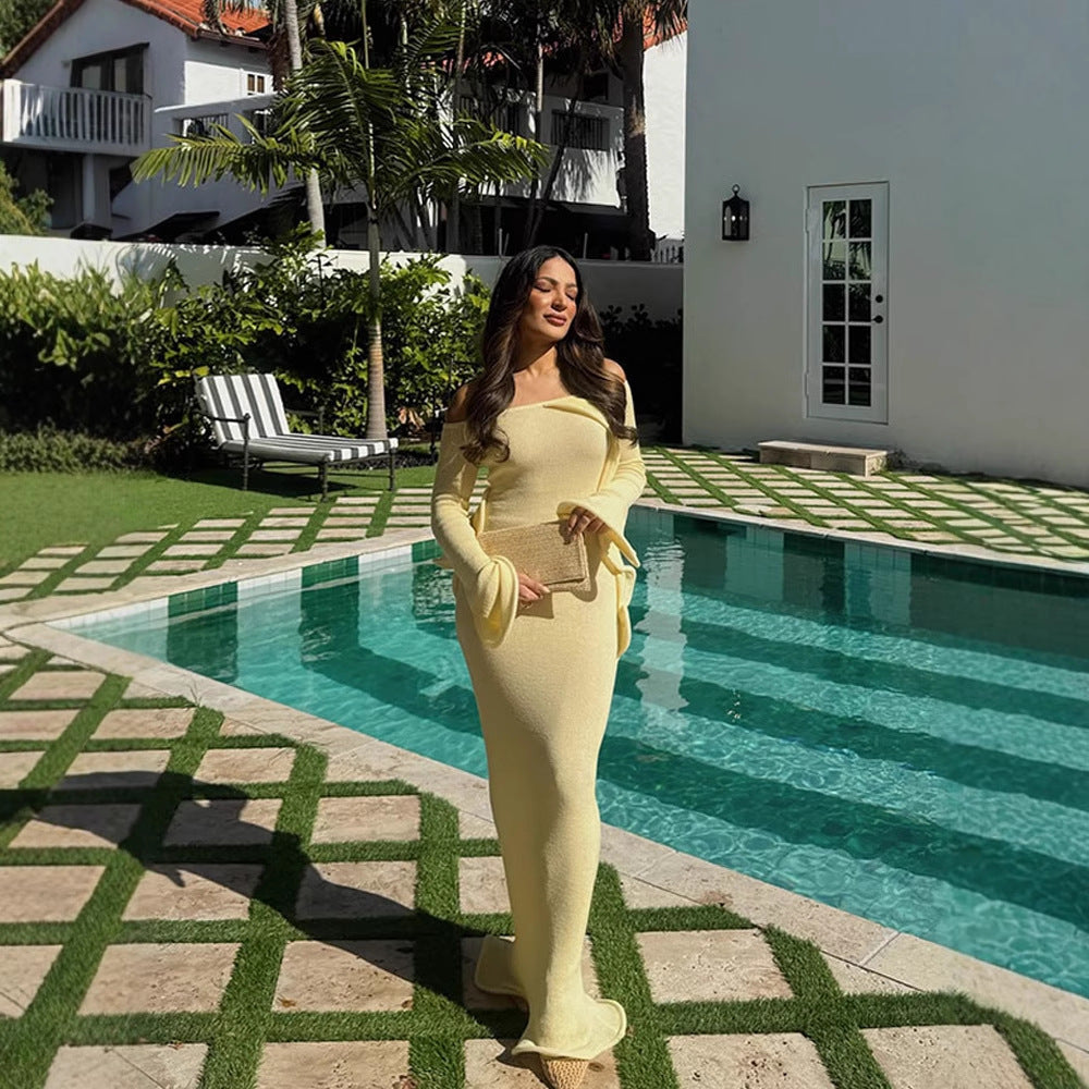 Women's Figure-Hugging Knit Maxi Dress with Off-the-Shoulder Neckline and Flared Sleeves Mune Fashion